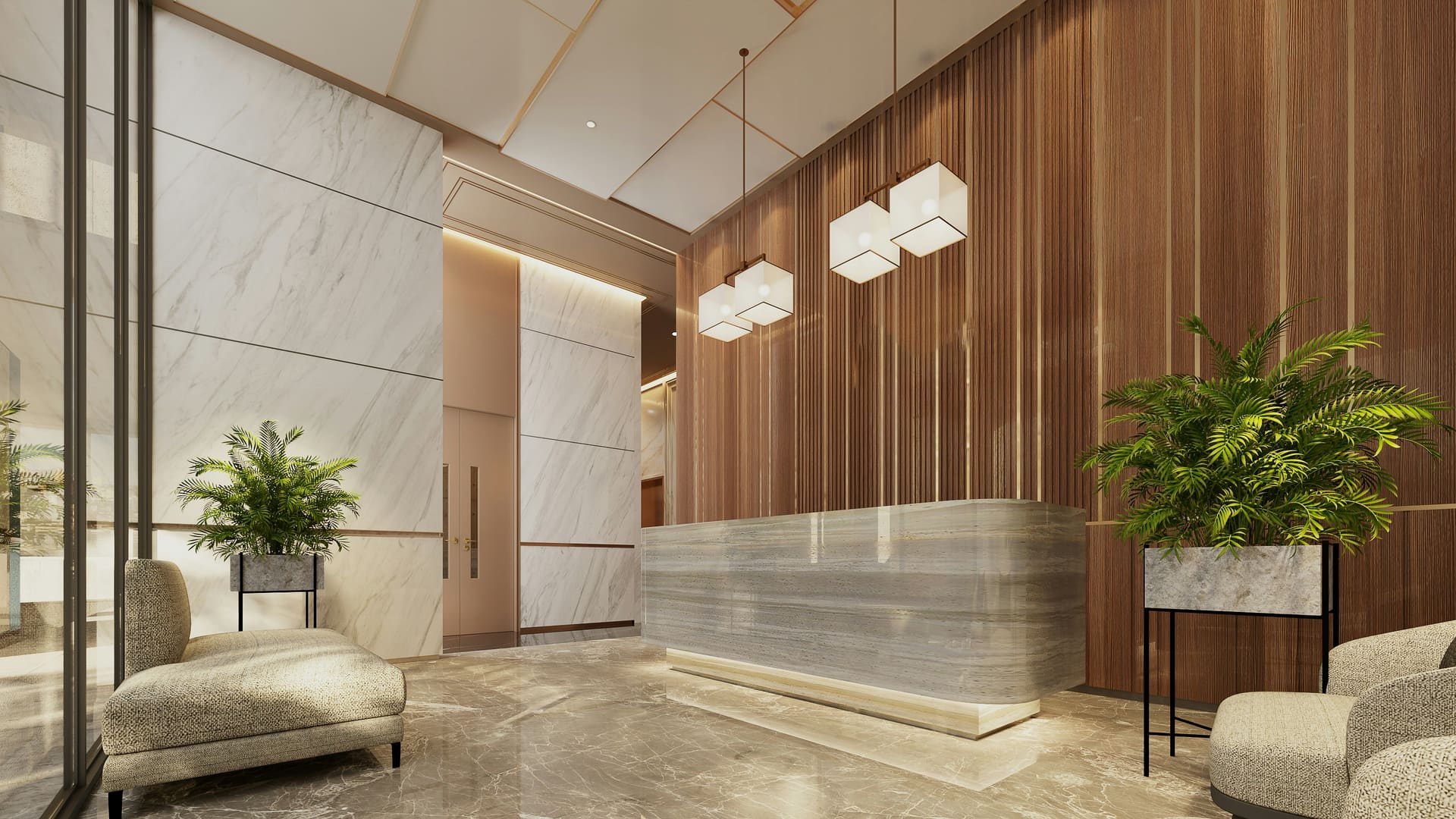 A hotel lobby with a long reception counter