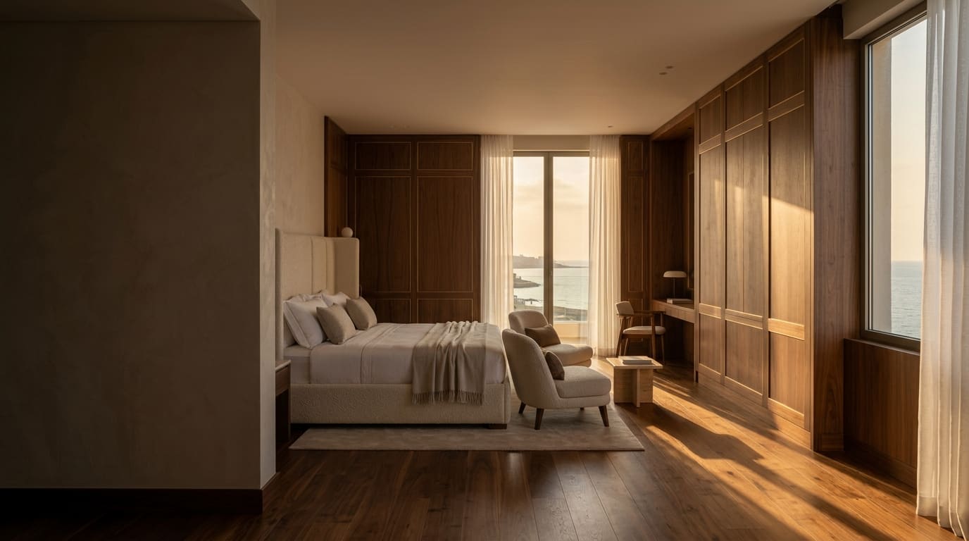 A hotel guest room with walnut panelling